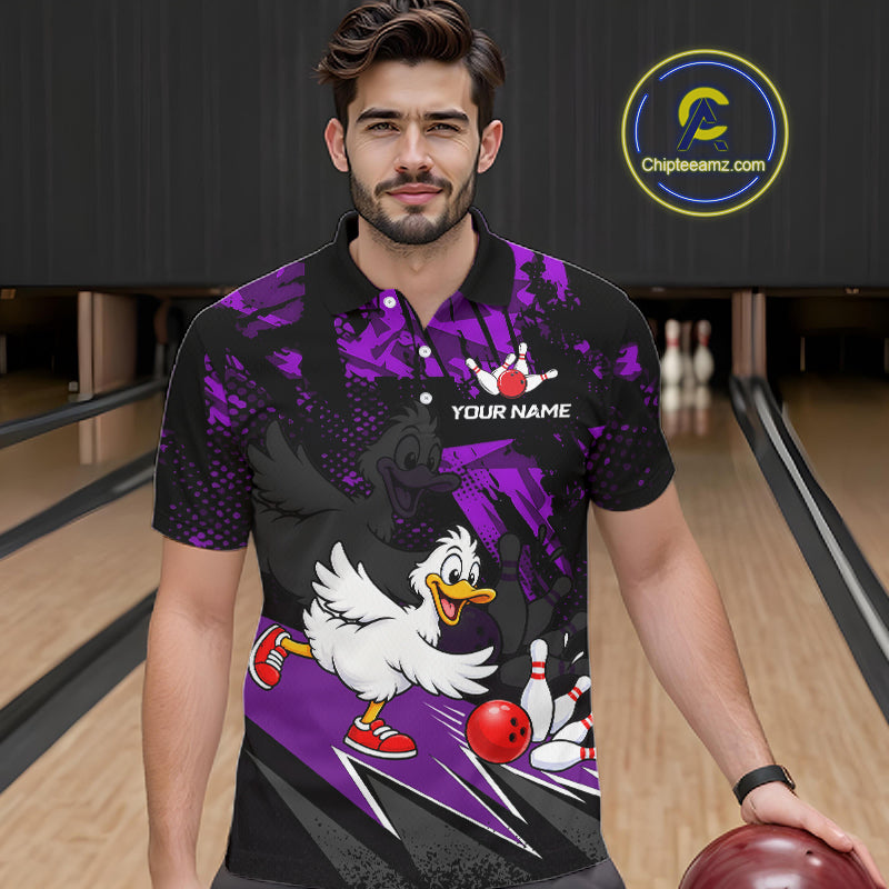 Custom Purple Funny Duck Bowling Team Shirts for Men Bowling League Shirts Polo & 1/4 Zip HNT633