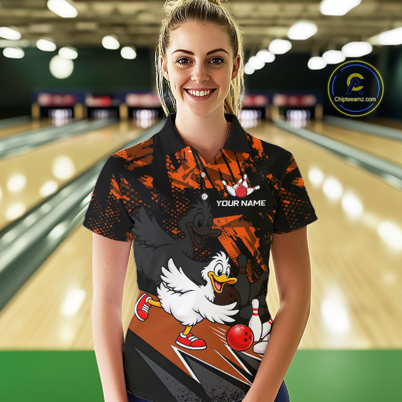 Custom Orange Funny Duck Bowling Team Shirts for Women Bowling League Shirts Polo & 1/4 Zip HNT633
