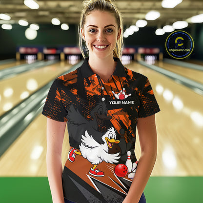 Custom Orange Funny Duck Bowling Team Shirts for Women Bowling League Shirts Polo & 1/4 Zip HNT633
