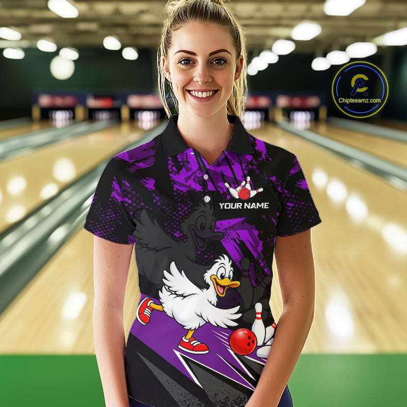 Custom Purple Funny Duck Bowling Team Shirts for Women Bowling League Shirts Polo & 1/4 Zip HNT633