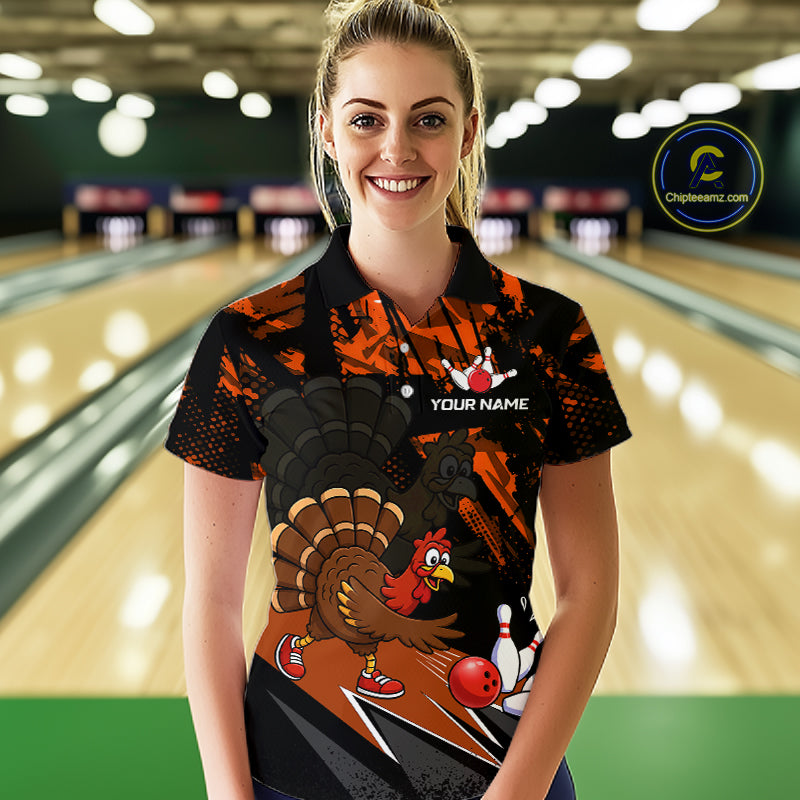 Orange Funny Turkey Chicken Thanksgiving Custom Bowling Team Shirts For Women Bowling Gift HNT522