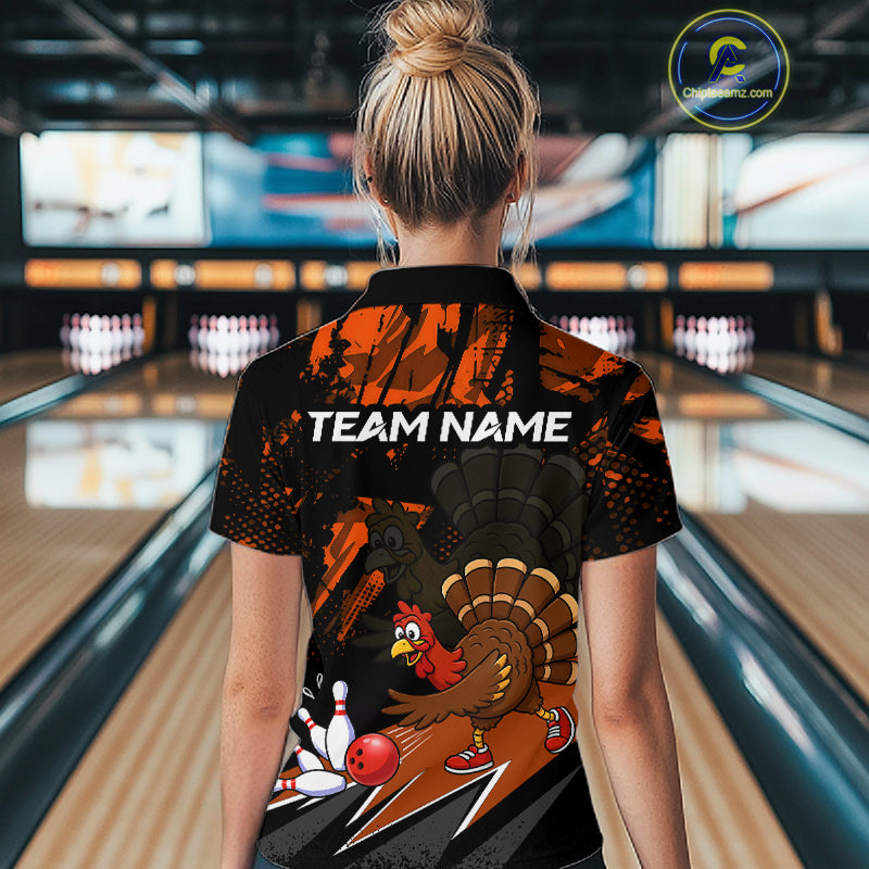 Orange Funny Turkey Chicken Thanksgiving Custom Bowling Team Shirts For Women Bowling Gift HNT522