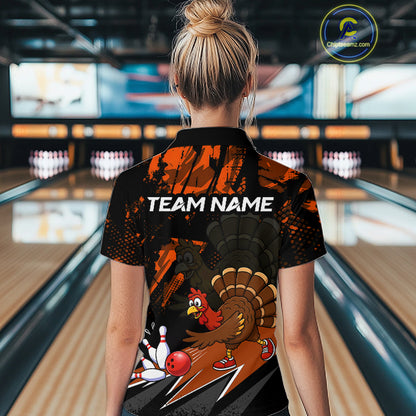 Orange Funny Turkey Chicken Thanksgiving Custom Bowling Team Shirts For Women Bowling Gift HNT522