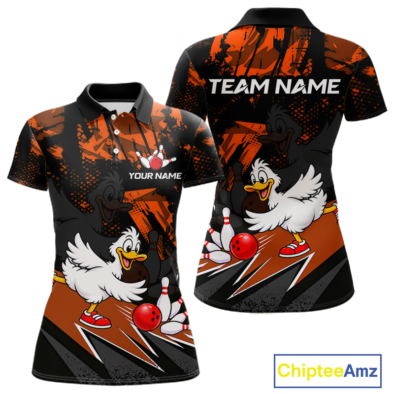 Custom Orange Funny Duck Bowling Team Shirts for Women Bowling League Shirts Polo & 1/4 Zip HNT633