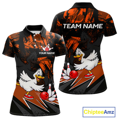 Custom Orange Funny Duck Bowling Team Shirts for Women Bowling League Shirts Polo & 1/4 Zip HNT633