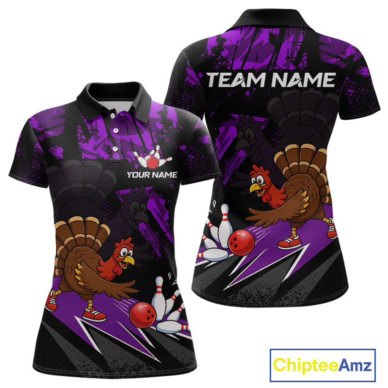 Purple Funny Turkey Chicken Thanksgiving Custom Bowling Team Shirts For Women Bowling Gift HNT522