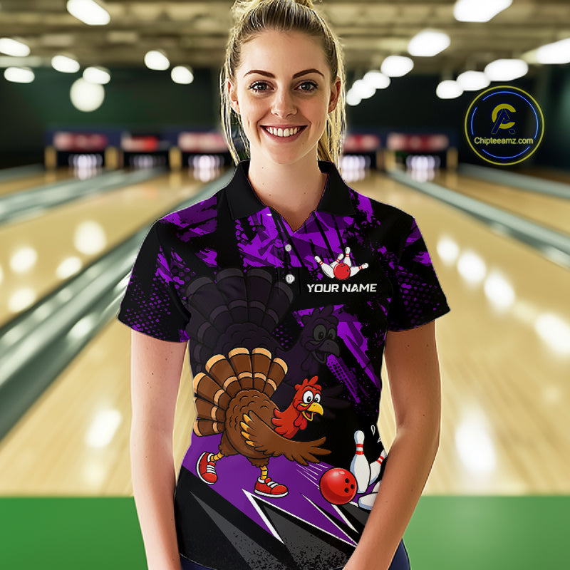 Purple Funny Turkey Chicken Thanksgiving Custom Bowling Team Shirts For Women Bowling Gift HNT522