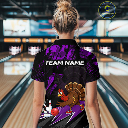 Purple Funny Turkey Chicken Thanksgiving Custom Bowling Team Shirts For Women Bowling Gift HNT522