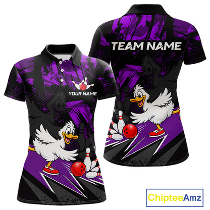 Custom Purple Funny Duck Bowling Team Shirts for Women Bowling League Shirts Polo & 1/4 Zip HNT633