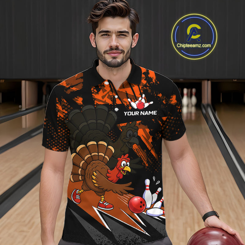 Orange Funny Turkey Chicken Thanksgiving Custom Bowling Team Shirts For Men Bowling Gift HNT522