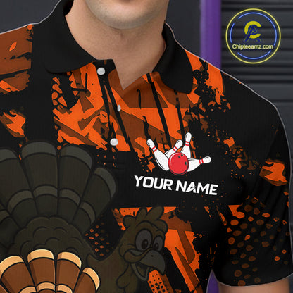 Orange Funny Turkey Chicken Thanksgiving Custom Bowling Team Shirts For Men Bowling Gift HNT522