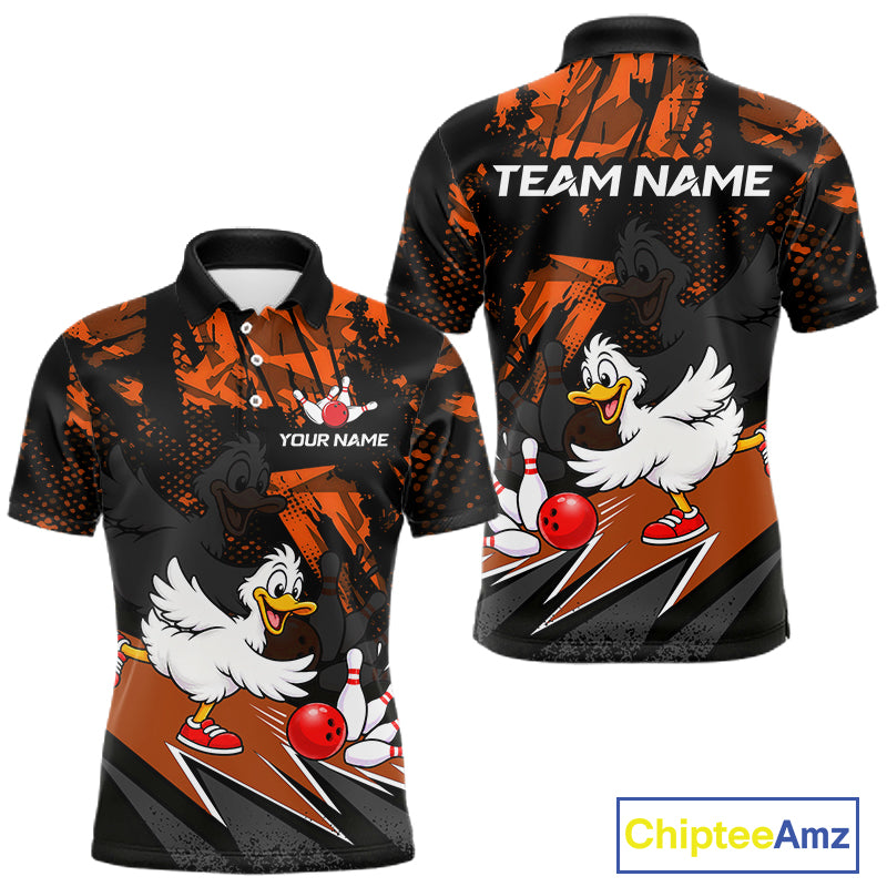 Custom Orange Funny Duck Bowling Team Shirts for Men Bowling League Shirts Polo & 1/4 Zip HNT633