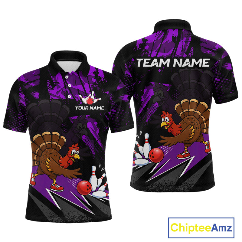 Purple Funny Turkey Chicken Thanksgiving Custom Bowling Team Shirts For Men Bowling Gift HNT522