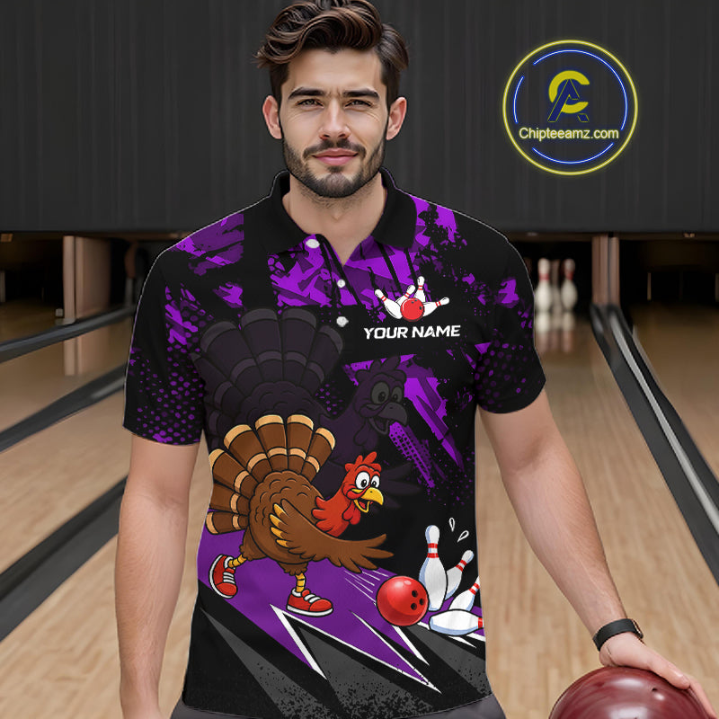 Purple Funny Turkey Chicken Thanksgiving Custom Bowling Team Shirts For Men Bowling Gift HNT522