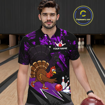 Purple Funny Turkey Chicken Thanksgiving Custom Bowling Team Shirts For Men Bowling Gift HNT522