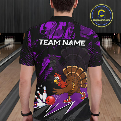 Purple Funny Turkey Chicken Thanksgiving Custom Bowling Team Shirts For Men Bowling Gift HNT522
