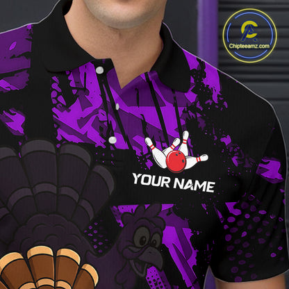 Purple Funny Turkey Chicken Thanksgiving Custom Bowling Team Shirts For Men Bowling Gift HNT522