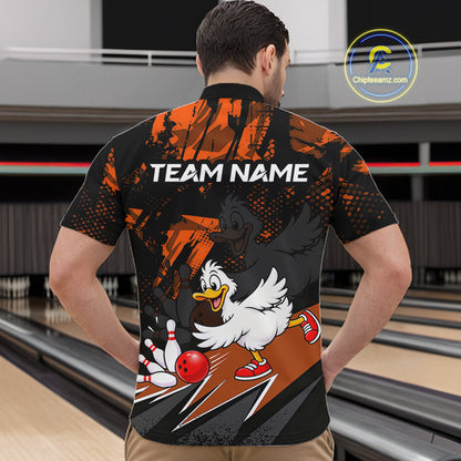 Custom Orange Funny Duck Bowling Team Shirts for Men Bowling League Shirts Polo & 1/4 Zip HNT633