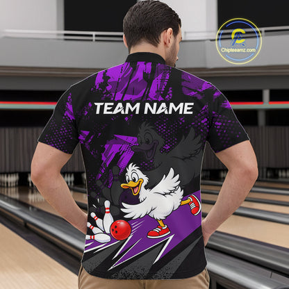 Custom Purple Funny Duck Bowling Team Shirts for Men Bowling League Shirts Polo & 1/4 Zip HNT633