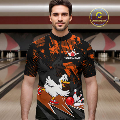 Custom Orange Funny Duck Bowling Team Shirts for Men Bowling League Shirts Polo & 1/4 Zip HNT633