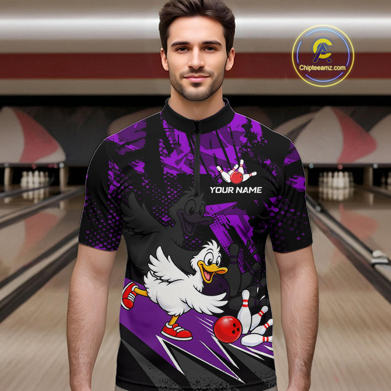 Custom Purple Funny Duck Bowling Team Shirts for Men Bowling League Shirts Polo & 1/4 Zip HNT633