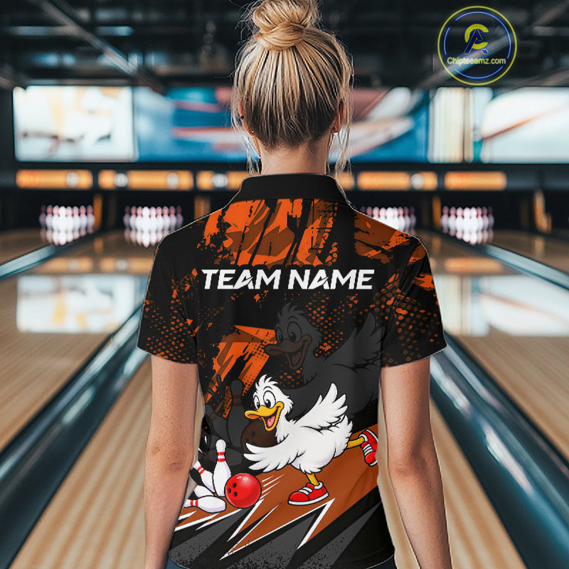 Custom Orange Funny Duck Bowling Team Shirts for Women Bowling League Shirts Polo & 1/4 Zip HNT633
