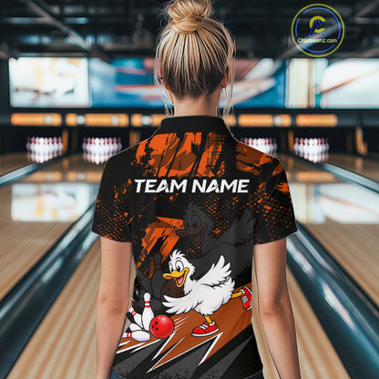 Custom Orange Funny Duck Bowling Team Shirts for Women Bowling League Shirts Polo & 1/4 Zip HNT633