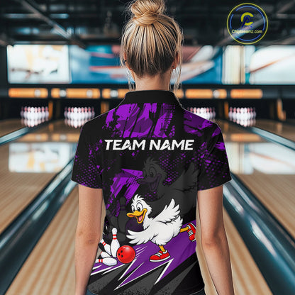 Custom Purple Funny Duck Bowling Team Shirts for Women Bowling League Shirts Polo & 1/4 Zip HNT633