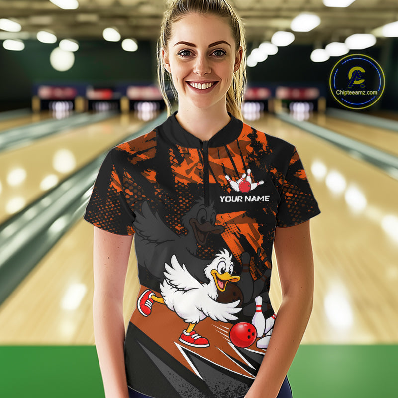 Custom Orange Funny Duck Bowling Team Shirts for Women Bowling League Shirts Polo & 1/4 Zip HNT633