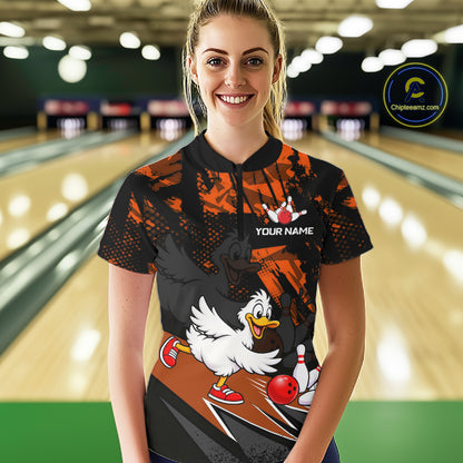 Custom Orange Funny Duck Bowling Team Shirts for Women Bowling League Shirts Polo & 1/4 Zip HNT633