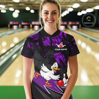 Custom Purple Funny Duck Bowling Team Shirts for Women Bowling League Shirts Polo & 1/4 Zip HNT633