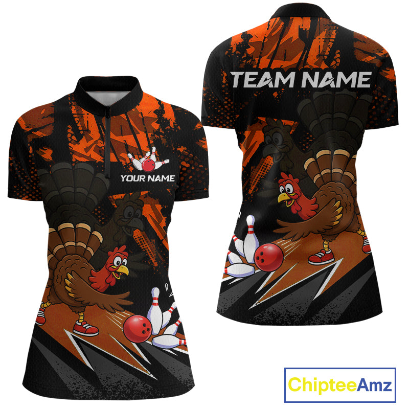 Orange Funny Turkey Chicken Thanksgiving Custom Bowling Team Shirts For Women Bowling Gift HNT522