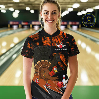 Orange Funny Turkey Chicken Thanksgiving Custom Bowling Team Shirts For Women Bowling Gift HNT522