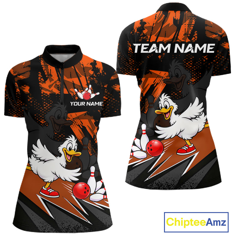 Custom Orange Funny Duck Bowling Team Shirts for Women Bowling League Shirts Polo & 1/4 Zip HNT633