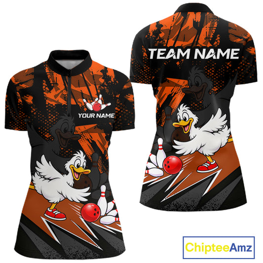 Custom Orange Funny Duck Bowling Team Shirts for Women Bowling League Shirts Polo & 1/4 Zip HNT633