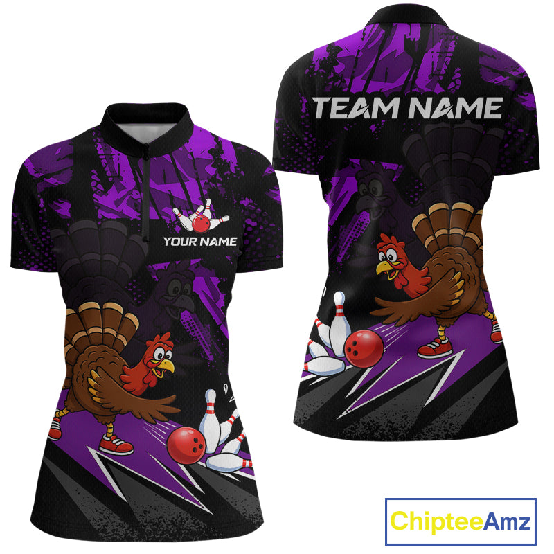 Purple Funny Turkey Chicken Thanksgiving Custom Bowling Team Shirts For Women Bowling Gift HNT522