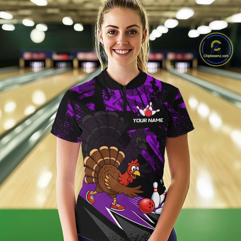 Purple Funny Turkey Chicken Thanksgiving Custom Bowling Team Shirts For Women Bowling Gift HNT522