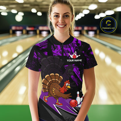 Purple Funny Turkey Chicken Thanksgiving Custom Bowling Team Shirts For Women Bowling Gift HNT522