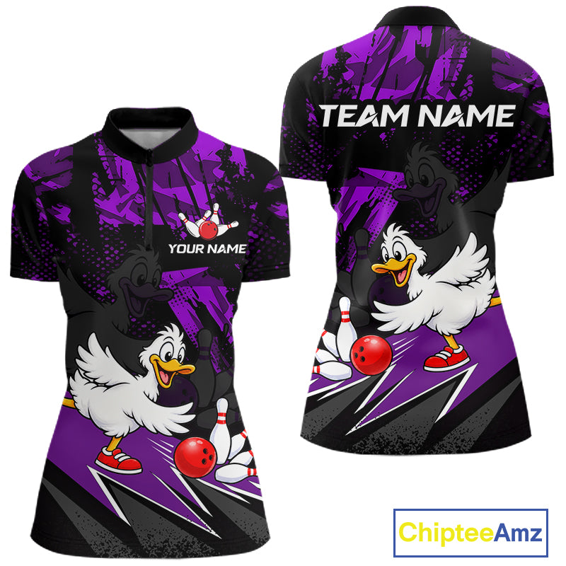 Custom Purple Funny Duck Bowling Team Shirts for Women Bowling League Shirts Polo & 1/4 Zip HNT633