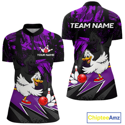 Custom Purple Funny Duck Bowling Team Shirts for Women Bowling League Shirts Polo & 1/4 Zip HNT633