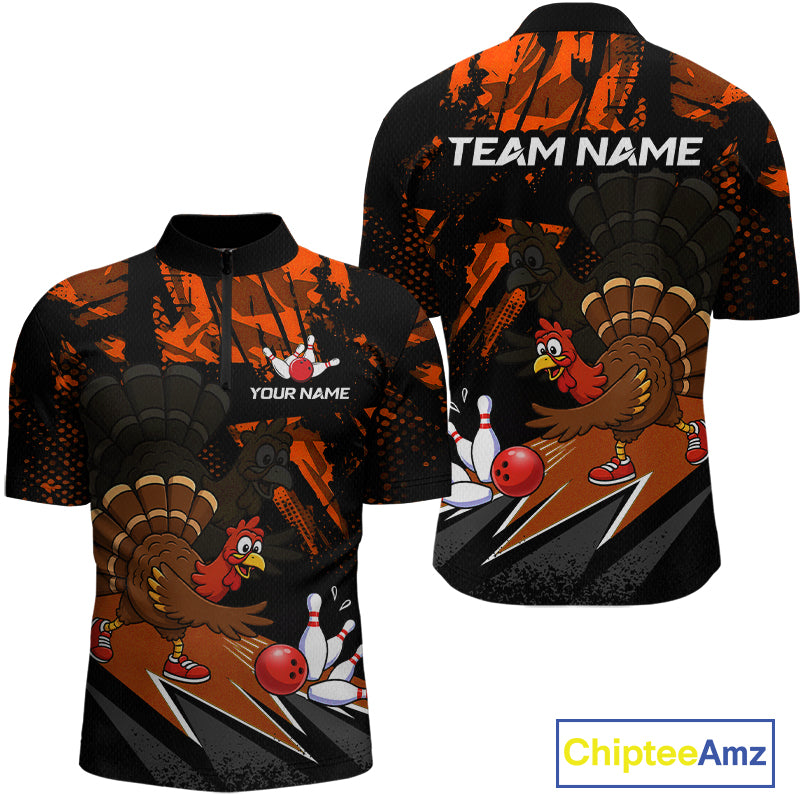 Orange Funny Turkey Chicken Thanksgiving Custom Bowling Team Shirts For Men Bowling Gift HNT522