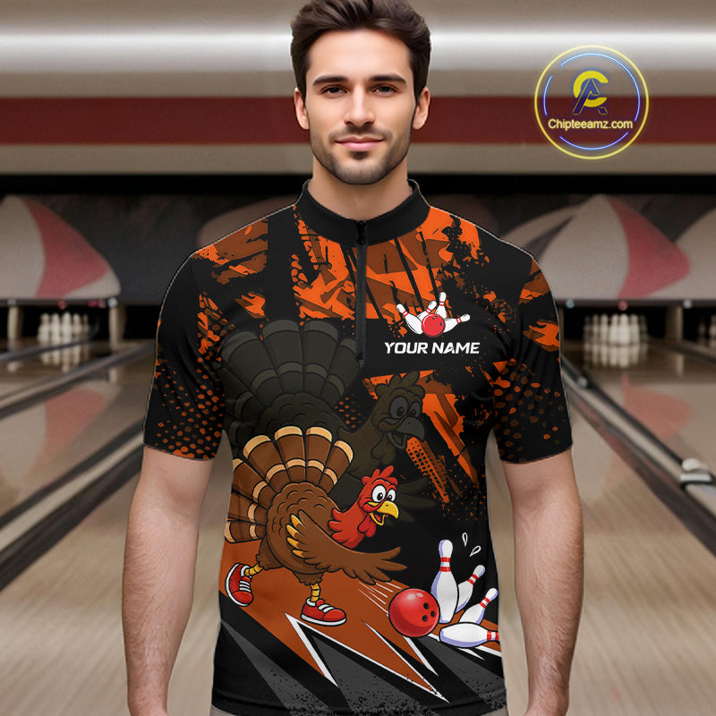 Orange Funny Turkey Chicken Thanksgiving Custom Bowling Team Shirts For Men Bowling Gift HNT522