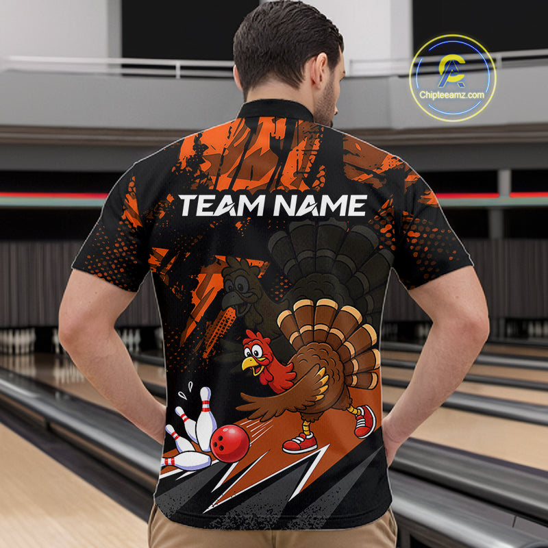 Orange Funny Turkey Chicken Thanksgiving Custom Bowling Team Shirts For Men Bowling Gift HNT522