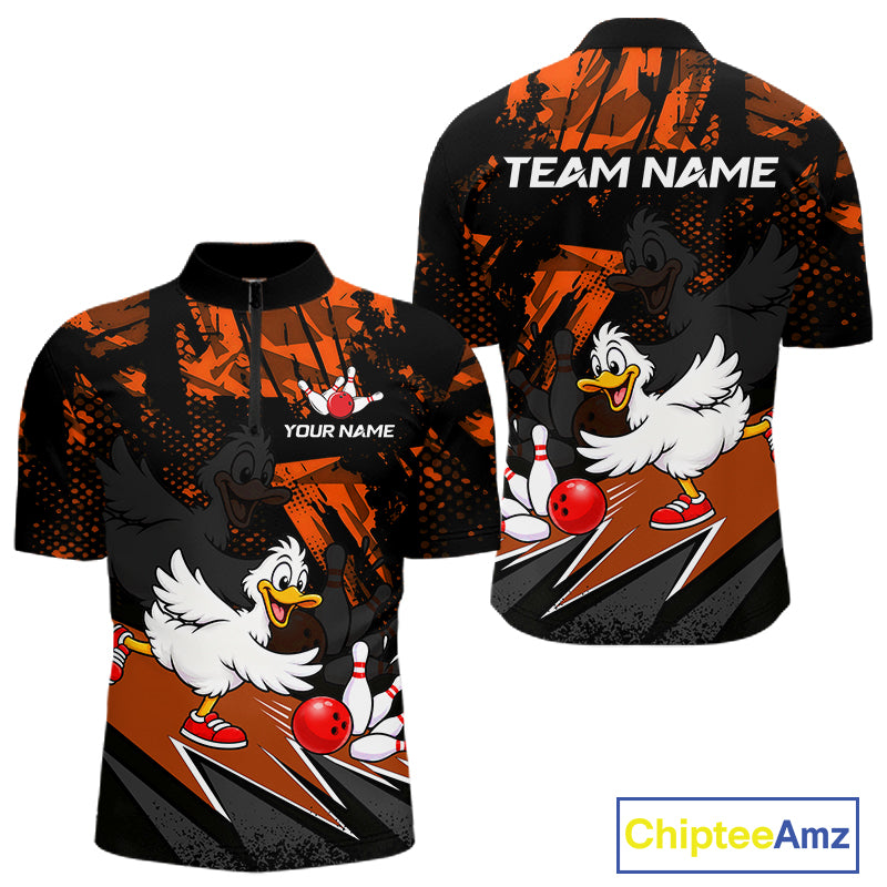 Custom Orange Funny Duck Bowling Team Shirts for Men Bowling League Shirts Polo & 1/4 Zip HNT633