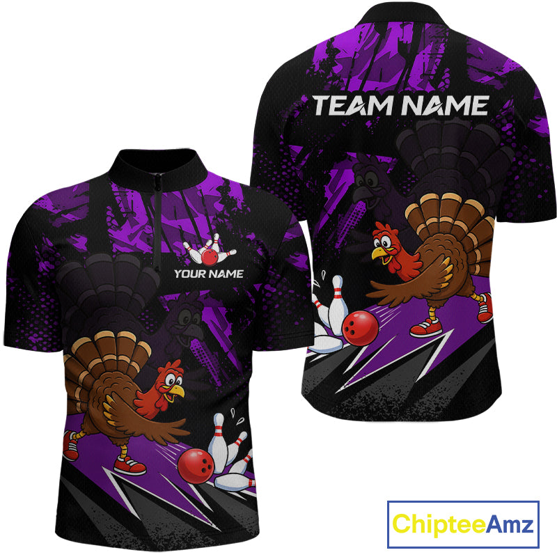 Purple Funny Turkey Chicken Thanksgiving Custom Bowling Team Shirts For Men Bowling Gift HNT522