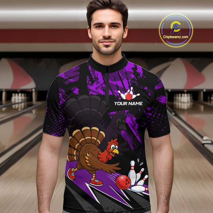 Purple Funny Turkey Chicken Thanksgiving Custom Bowling Team Shirts For Men Bowling Gift HNT522