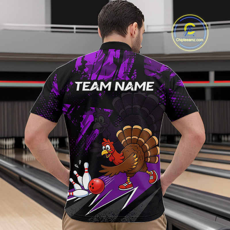 Purple Funny Turkey Chicken Thanksgiving Custom Bowling Team Shirts For Men Bowling Gift HNT522