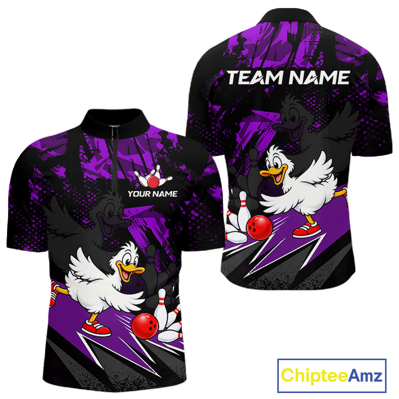 Custom Purple Funny Duck Bowling Team Shirts for Men Bowling League Shirts Polo & 1/4 Zip HNT633