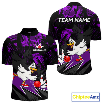 Custom Purple Funny Duck Bowling Team Shirts for Men Bowling League Shirts Polo & 1/4 Zip HNT633