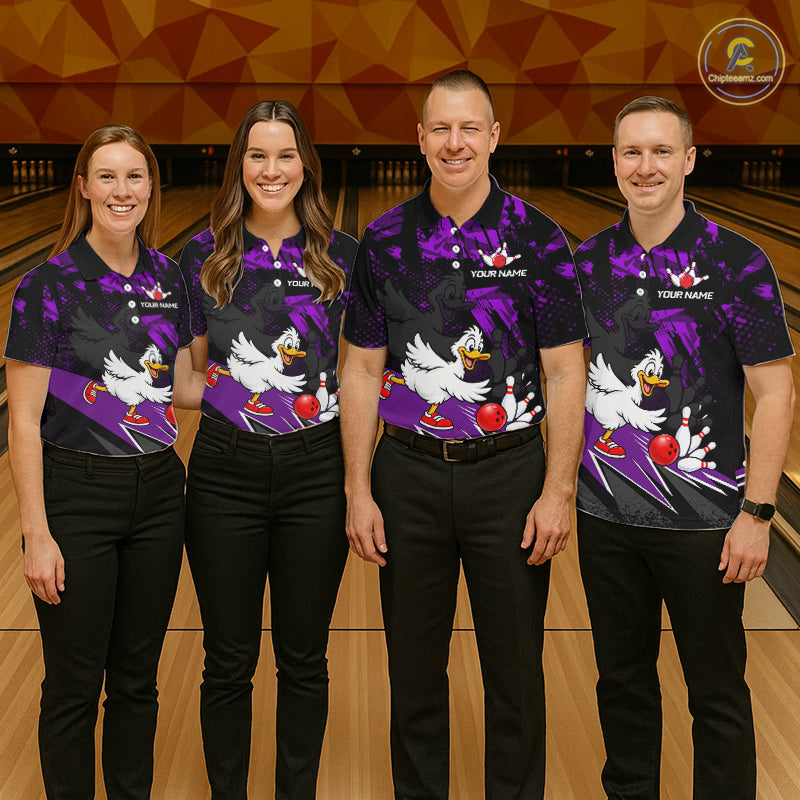 Custom Purple Funny Duck Bowling Team Shirts for Women Bowling League Shirts Polo & 1/4 Zip HNT633